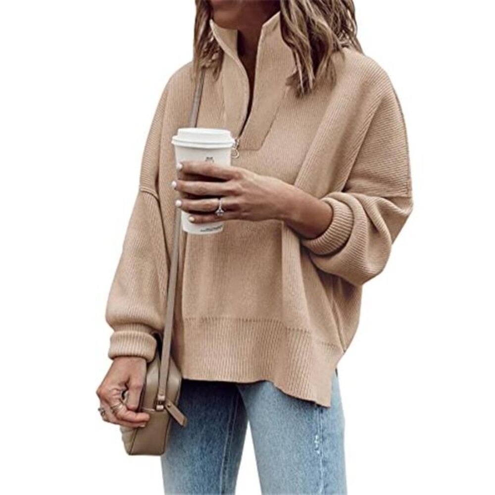 Womens Tunic Sweater Oversized Slouchy Ribbed Knit Pullover Fall Winter 1/4 Zip